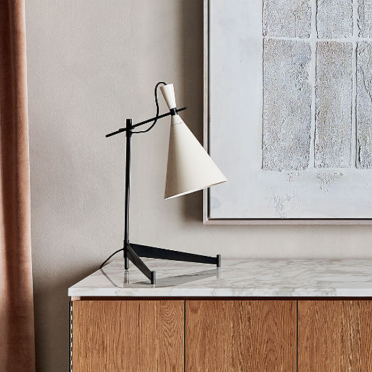 Exposior Blackened Brass Task Table Lamp with Warm White Shade Model E7 by Paul McCobb
