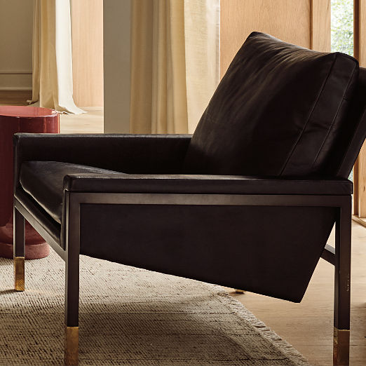 Boks Black Leather Accent Chair with Brushed Brass Legs by Steen Østergaard