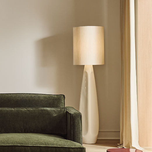 Saxon White High-Gloss Resin Floor Lamp with Silk Shade