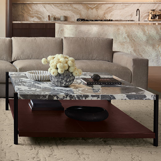 Verum 60" Rectangular Grey Marble Coffee Table With Oxblood Leather Top
