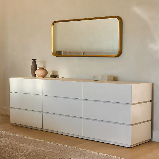 Dover 9-Drawer Warm White Lacquered Dresser with Travertine Top