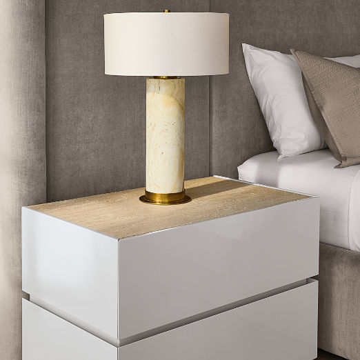Dover 2-Drawer Warm White Lacquered Nightstand with Travertine Top