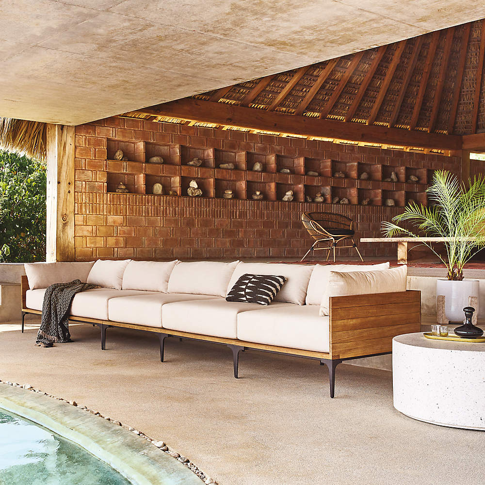 Naya Cast Iron and Teak Left Arm Loveseat with Ivory Sunbrella