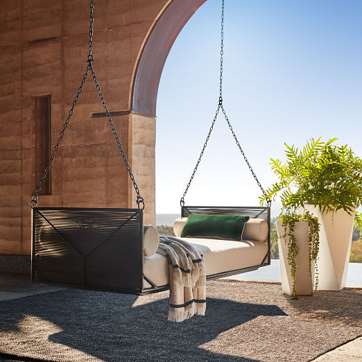 Zora Black Rattan Outdoor Hanging Daybed with White Sunbrella® Cushions