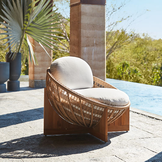 Masha Rattan and Teak Outdoor Lounge Chair with White Sunbrella® Cushions