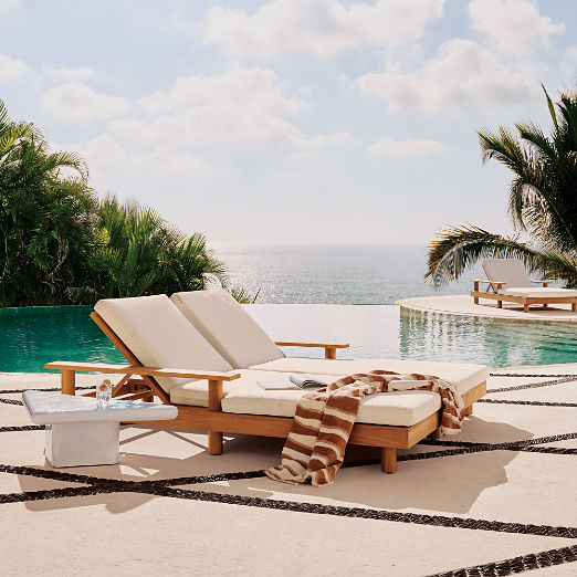 Pinet Teak Outdoor Double Chaise Lounge with Textured Ivory Perennials® Cushions