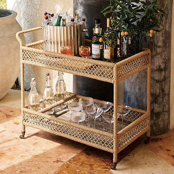 Remo Modern Travertine and Rattan Outdoor Bar Cart CB2