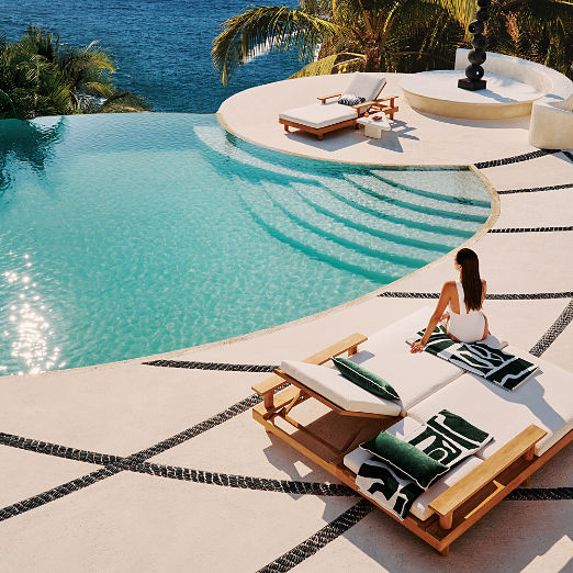 Pinet Teak Outdoor Chaise Lounge with Textured Ivory Perennials® Cushions