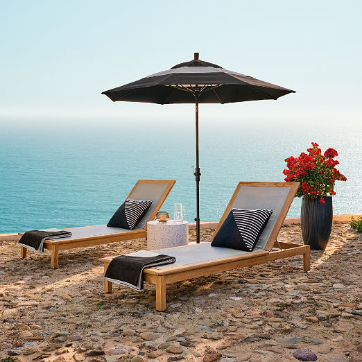 Market Round Black & Natural White Stripe Outdoor Umbrella with Black Base