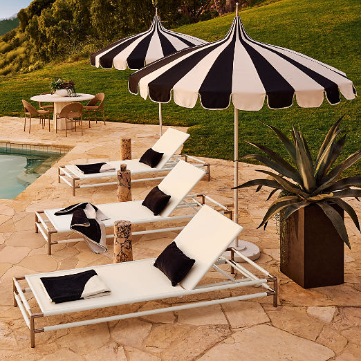 Pagoda 8.5' Round Black & Natural White Stripe Outdoor Umbrella with White Base