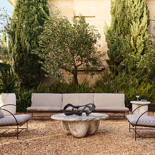 Costa Black Metal Outdoor Sofa with Black and White Striped Sunbrella® Cushions