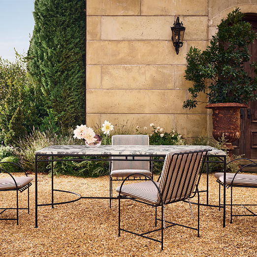 Costa Black Metal Outdoor Dining Armchair with Black and White Striped Sunbrella® Cushion