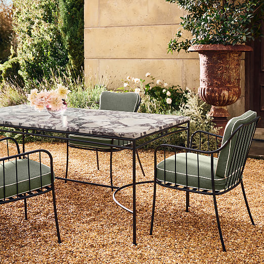 Welling Black Metal Outdoor Dining Armchair with Green Sunbrella® Cushion