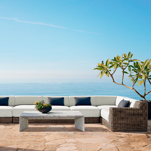 Maylin All-Weather Rattan Outdoor Corner Chair with Warm White Sunbrella® Cushions