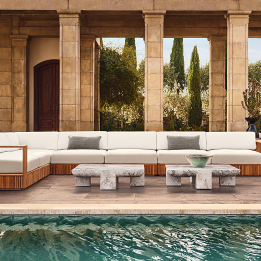 Topia 4-Piece Teak Outdoor Sectional Sofa and Ottoman with White Sunbrella® Cushions