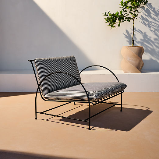 Costa Black Metal Outdoor Lounge Chair with Black and White Striped Sunbrella® Cushions