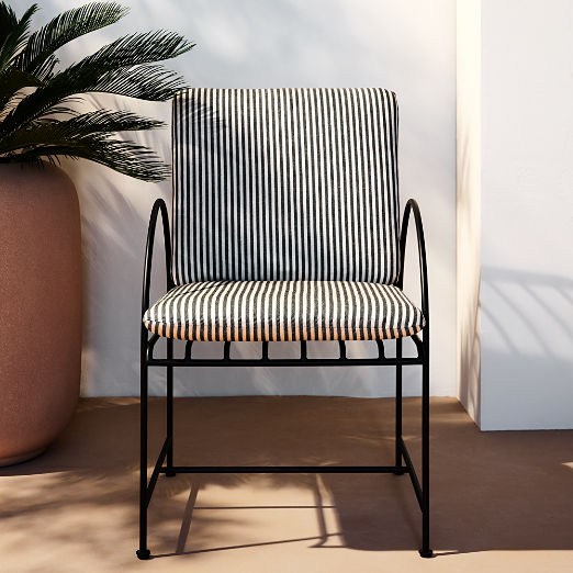 Costa Black Metal Outdoor Dining Armchair with Black and White Striped Sunbrella® Cushion Set of 4