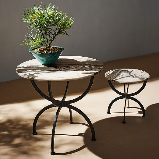 Colima Round Black Metal Outdoor Side Table with Marble Top