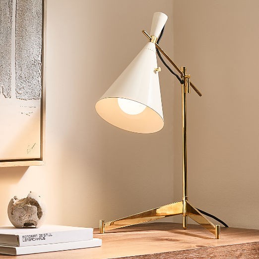 Exposior Unlacquered Brass Task Table Lamp with Warm White Shade Model E7 by Paul McCobb