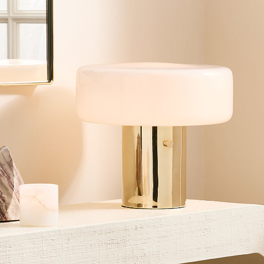 Pill Unlacquered Polished Brass Table Lamp with Glass Shade by Bill Curry
