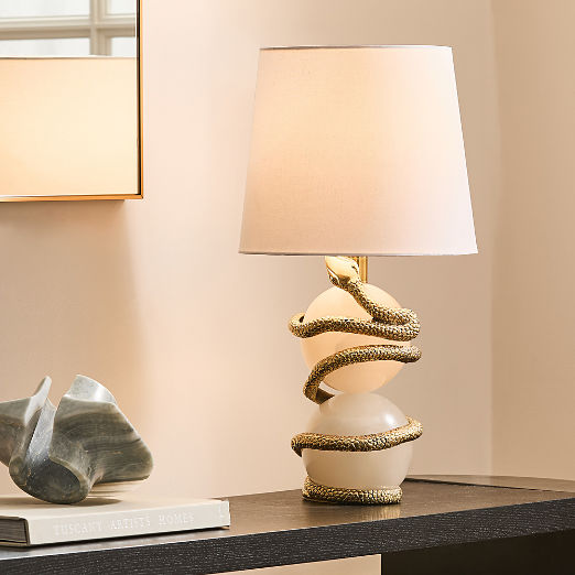 Tiger Snake White Alabaster Table Lamp with Cotton Shade