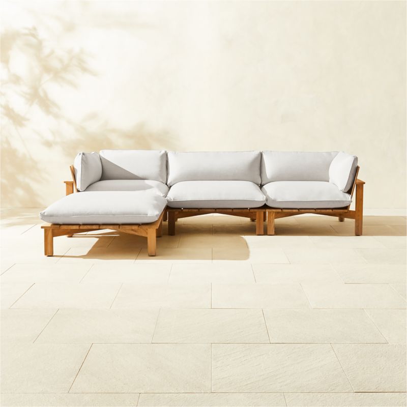 Cabra 4-Piece Teak Outdoor Sofa and Ottoman with Grey Sunbrella Cushions |  CB2 Canada