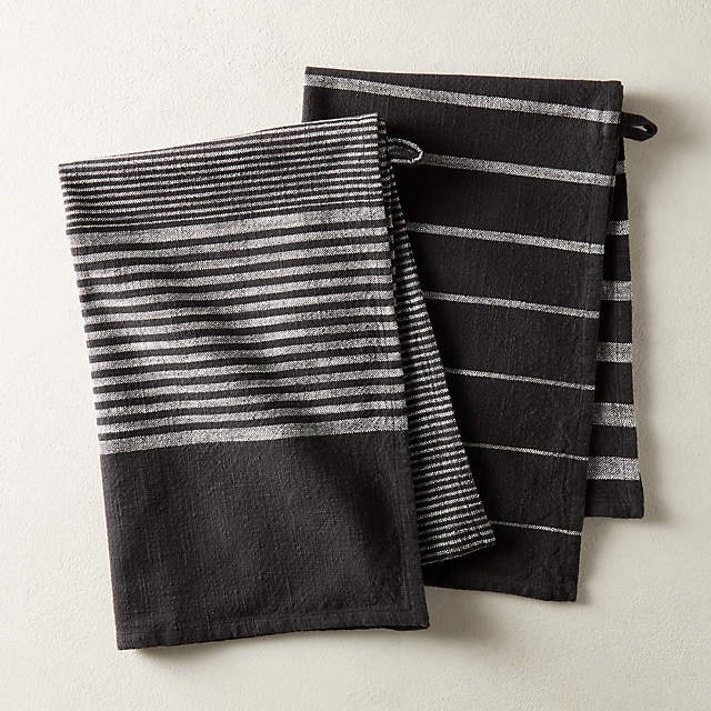 Set of 2 Hand and Guest Towels Black Multi Striped Linen - LinenMe