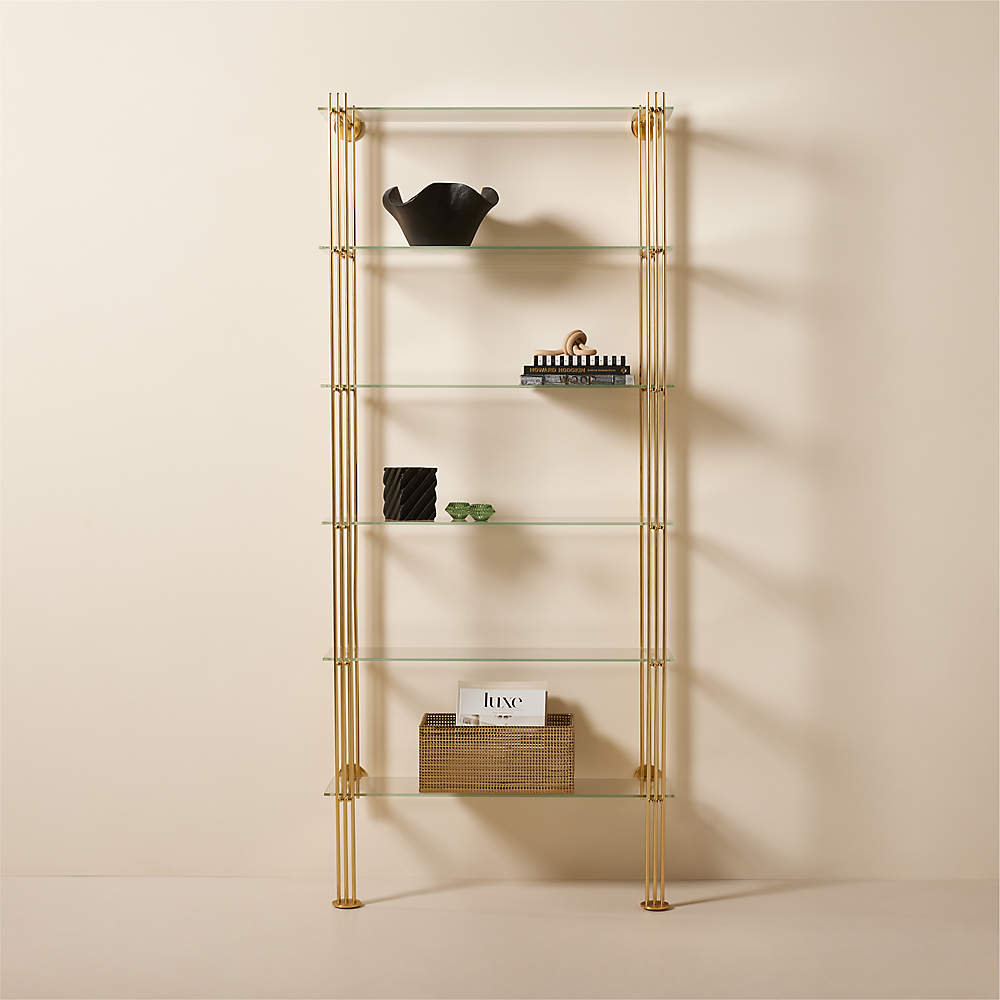 Cambio Brushed Brass Wall Mount Bookshelf with Glass Shelves +