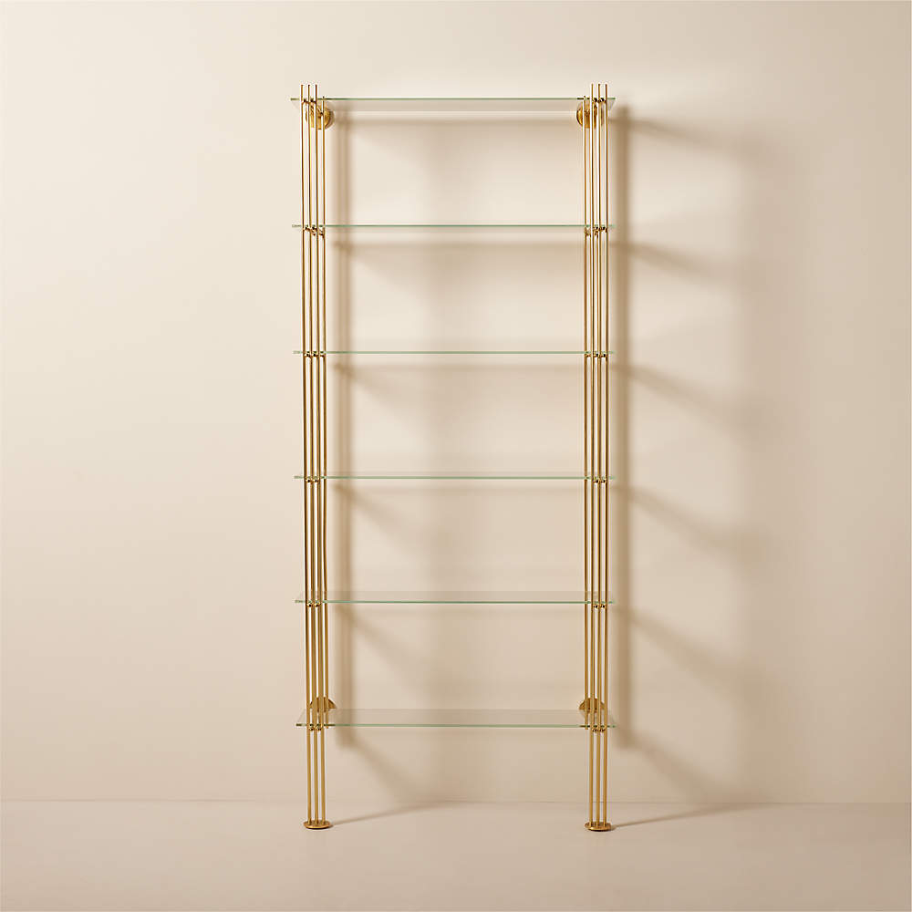 Cambio Brushed Brass Wall Mount Bookshelf with Glass Shelves +