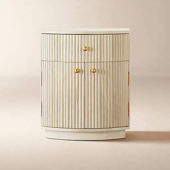 Cameo Curved Whitewashed Wood Nightstand with Drawer