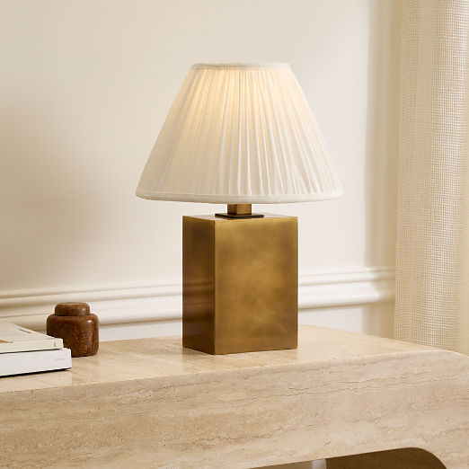 Carmichael Small Aged Brass Table Lamp with Pleated White Shade