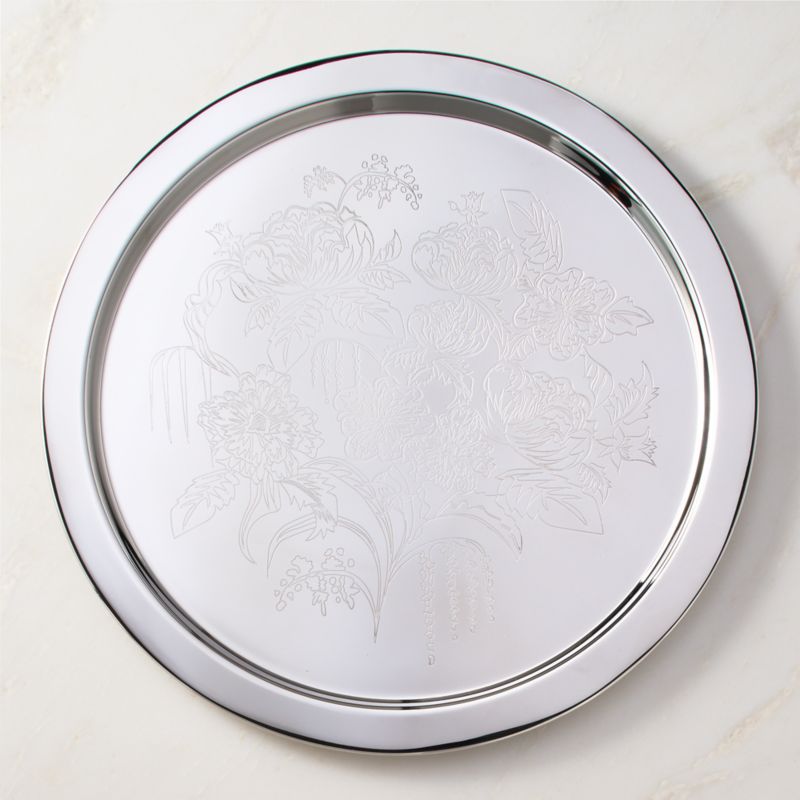 Caroline Round Floral Etched Stainless Steel Serving Tray - image 2 of 4