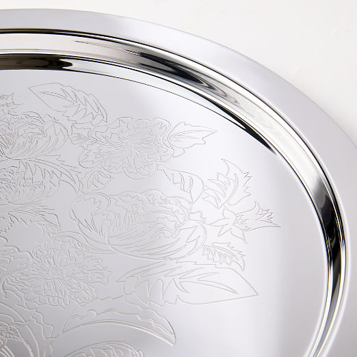 Caroline Round Floral Etched Stainless Steel Serving Tray
