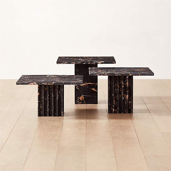 Carve 3-Piece Square Black Marble Side Table Set