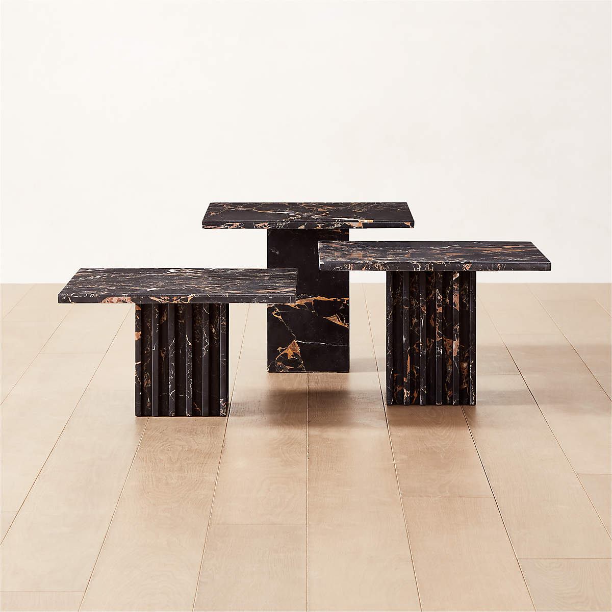3Piece Carve Square Black Marble Side Table Set CB2