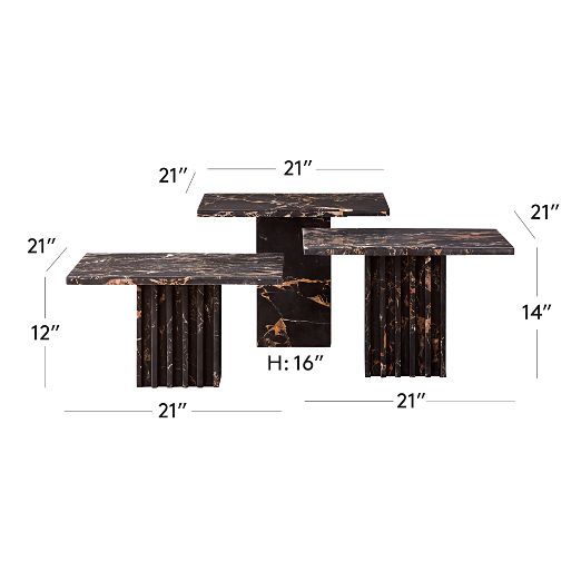 Carve 3-Piece Square Black Marble Side Table Set