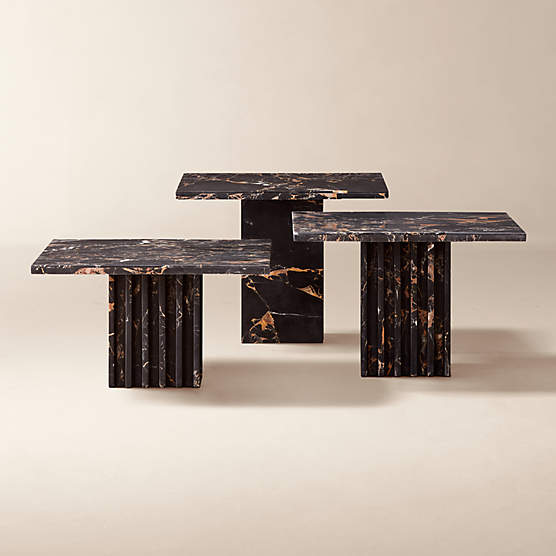 Carve 3-Piece Square Black Marble Side Table Set