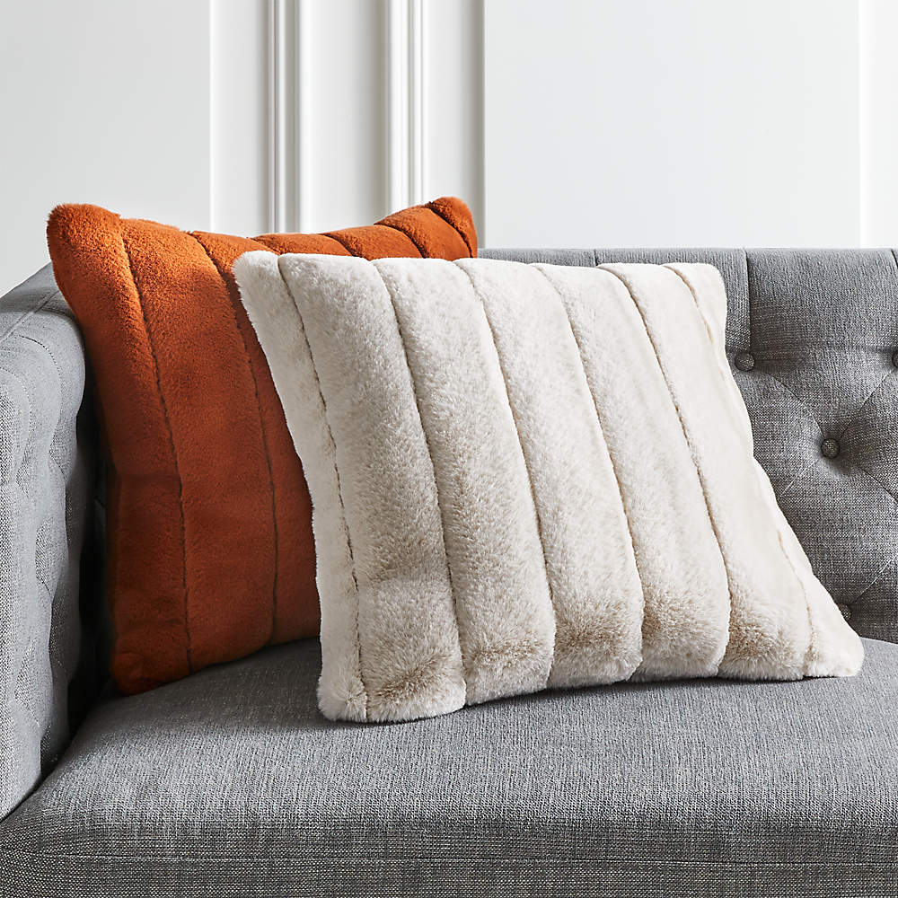 Channel Rust Orange Faux Fur Throw Pillow with Down-Alternative