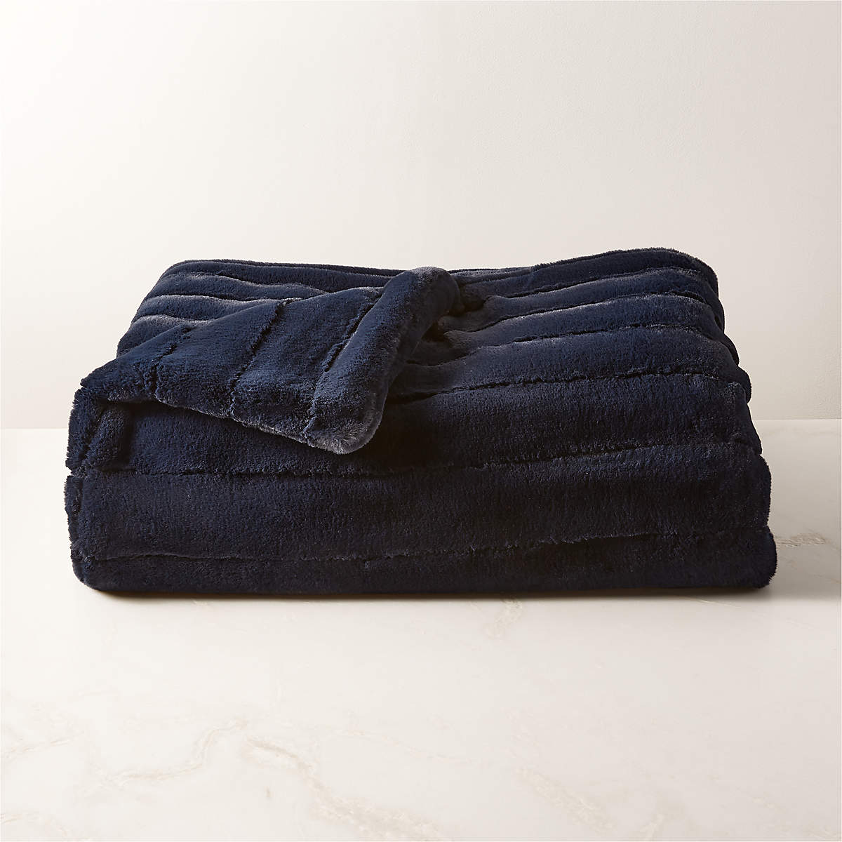 Channel Navy Faux Fur Throw Blanket + Reviews CB2