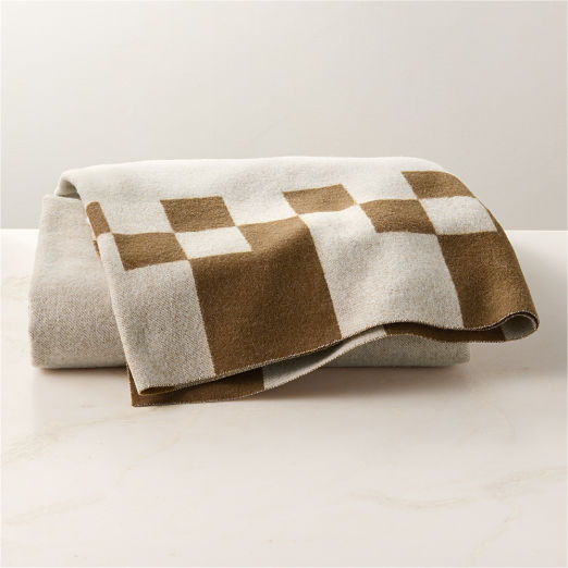 Check Tobacco Brown Merino Wool Throw Blanket 50"x70"