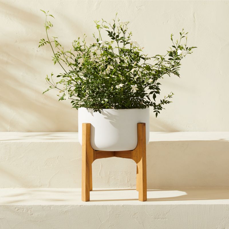 View Cheva White Ceramic Indoor/Outdoor Planter with Teak Stand 13.5"x14.75" details