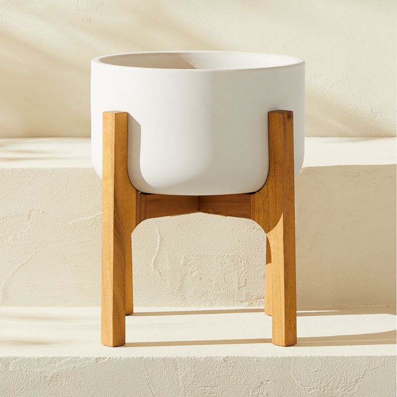 Cheva White Ceramic Indoor/Outdoor Planter with Teak Stand 13.5"x14.75" - image 2 of 4