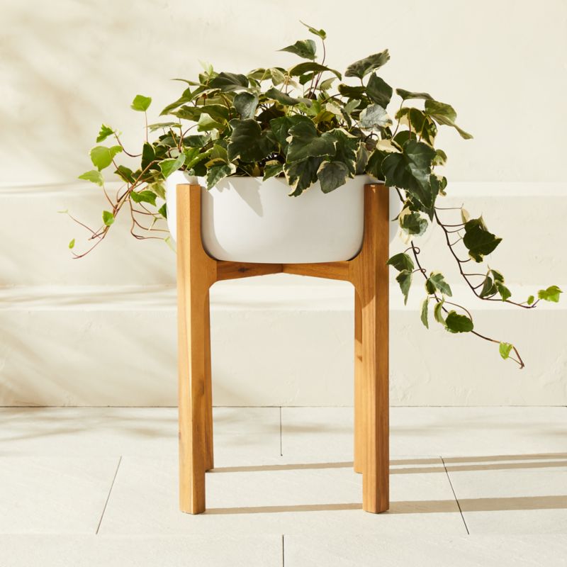 View Cheva White Ceramic Indoor/Outdoor Planter with Teak Stand 18.25"x22.5" details