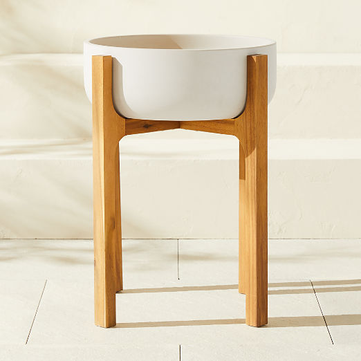 Cheva White Ceramic Indoor/Outdoor Planter with Teak Stand 18.25"x22.5"