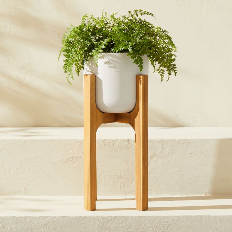 View Cheva White Ceramic Indoor/Outdoor Planter with Teak Stand 10.5"x20.5" details