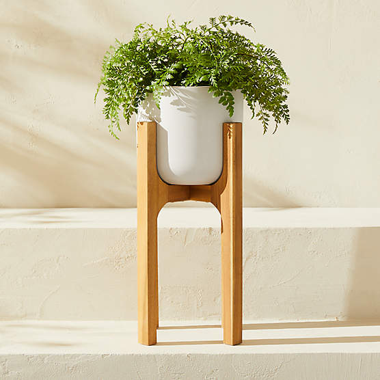 Cheva White Ceramic Indoor/Outdoor Planter with Teak Stand 10.5"x20.5"