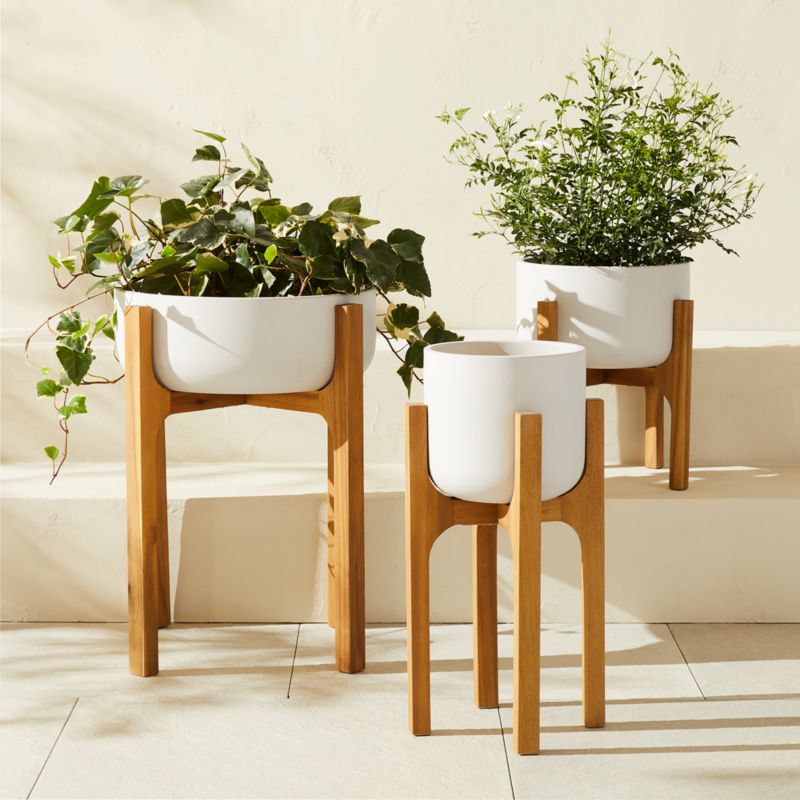 Cheva White Ceramic Indoor/Outdoor Planter with Teak Stand 10.5"x20.5" - image 1 of 4