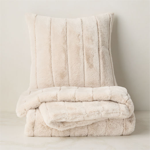 Channel Double-Sided Off-White Faux Fur Throw Pillow 18"x18" with Throw Blanket 50"x70" Set
