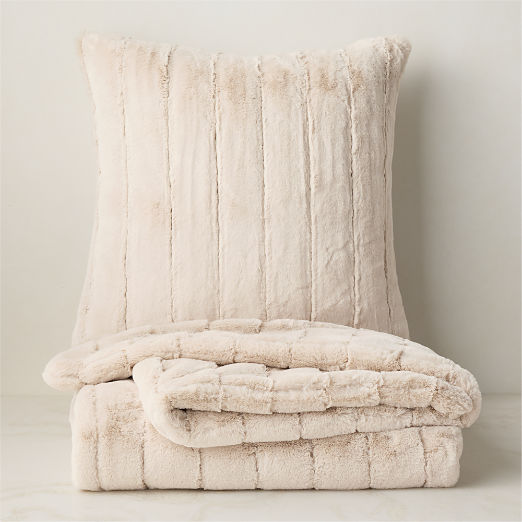 Channel Off-White Faux Fur Throw Pillow with Feather Down Insert 23"x23" and Throw Blanket 60"x80" Set