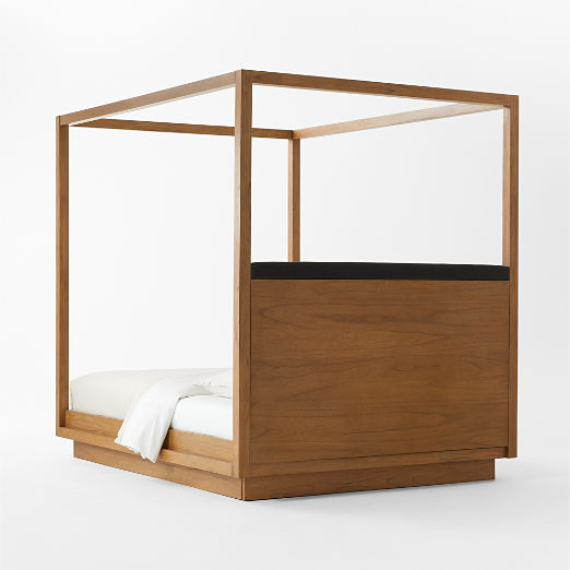 Clauson Black Upholstered and Wood Canopy Queen Bed